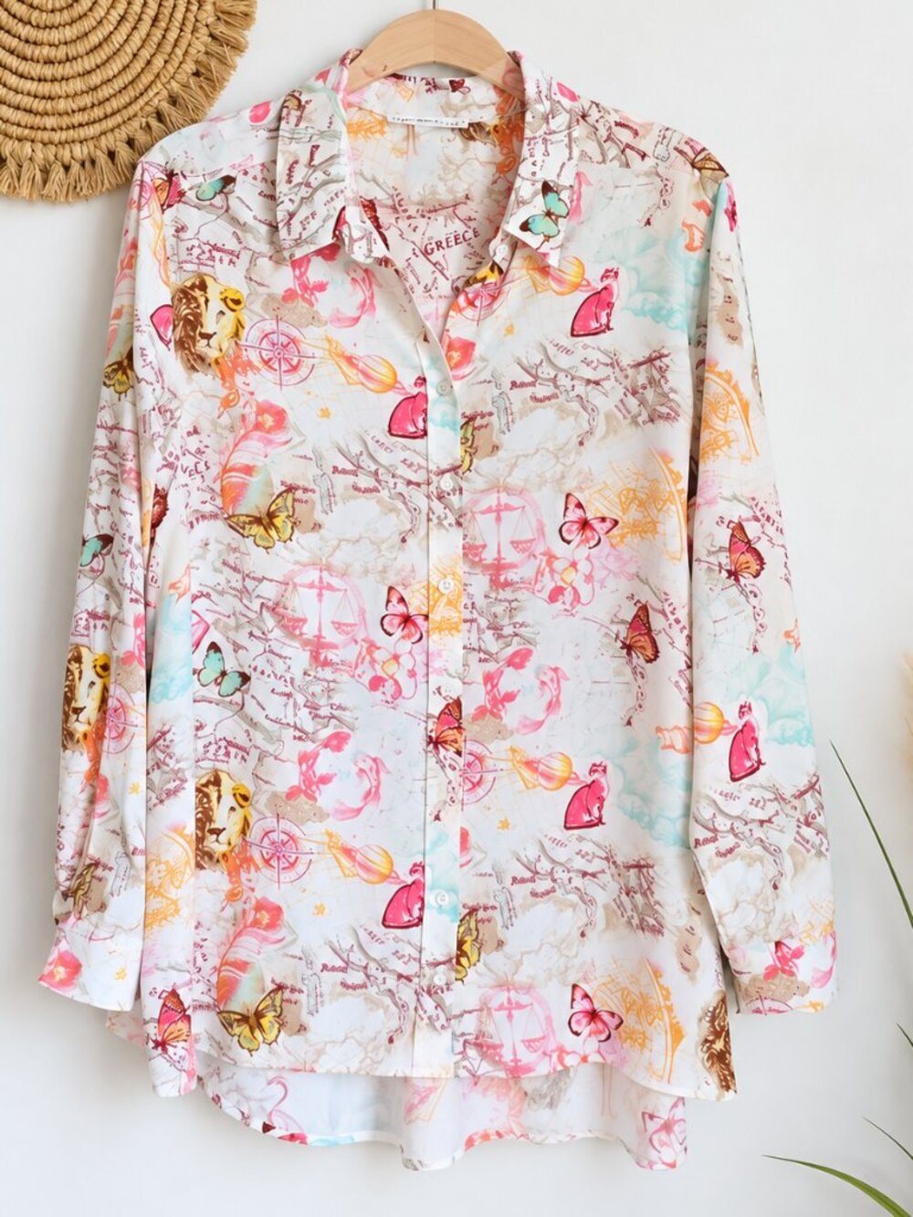 Jane & Delancey Whimsical European Safari Map Print Button Front Shirt SZ 1X